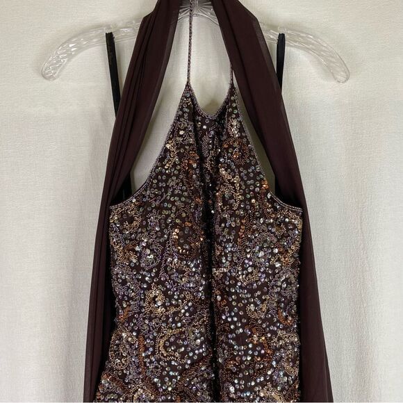 Cassandra Stone Brown Vintage 90s Silk Beaded Halter Ombre Prom Formal Gown 12 - Picture 3 of 11